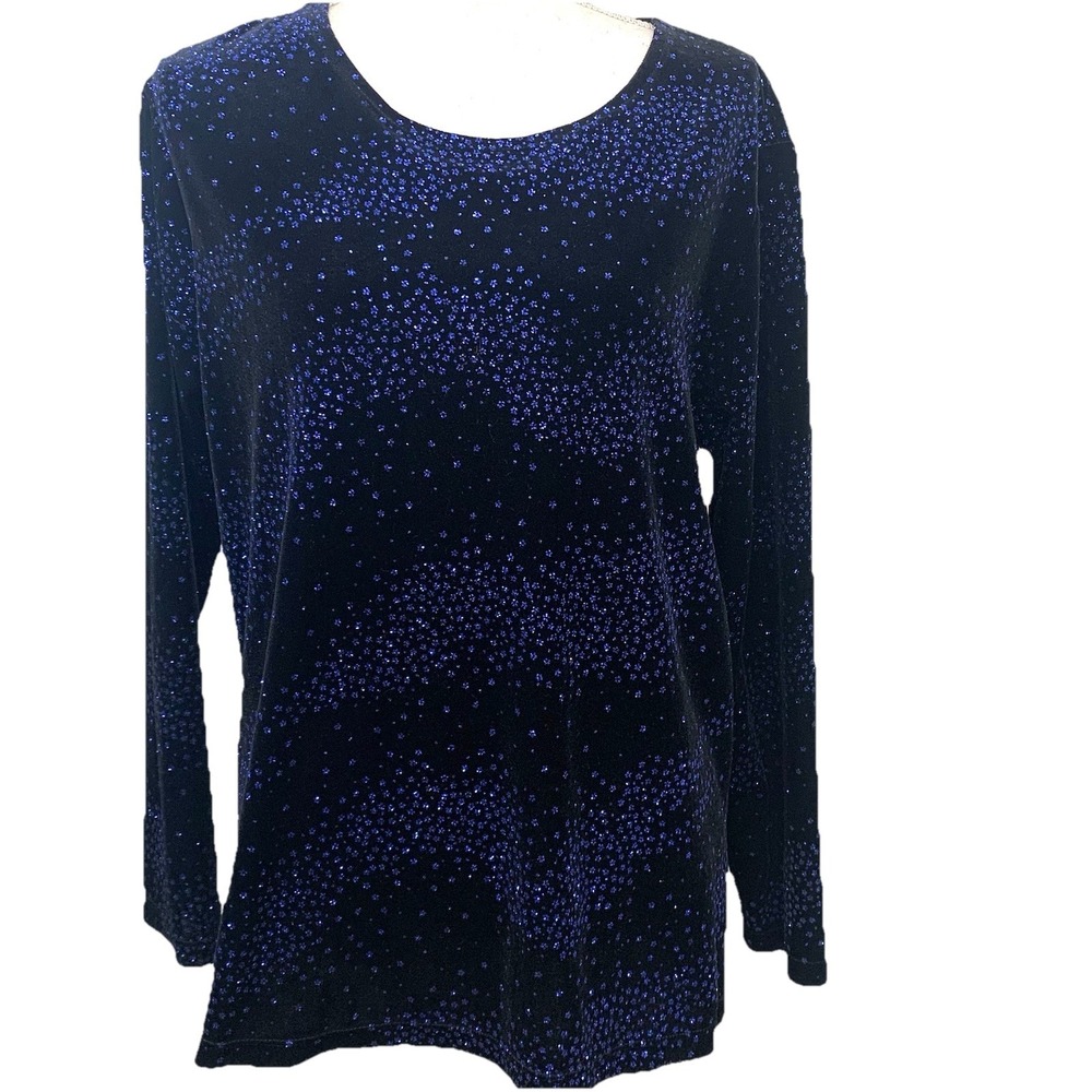 Notations Black Velvet Blue Sparkle Top Large Pull Over Long Sleeve Tunic Event